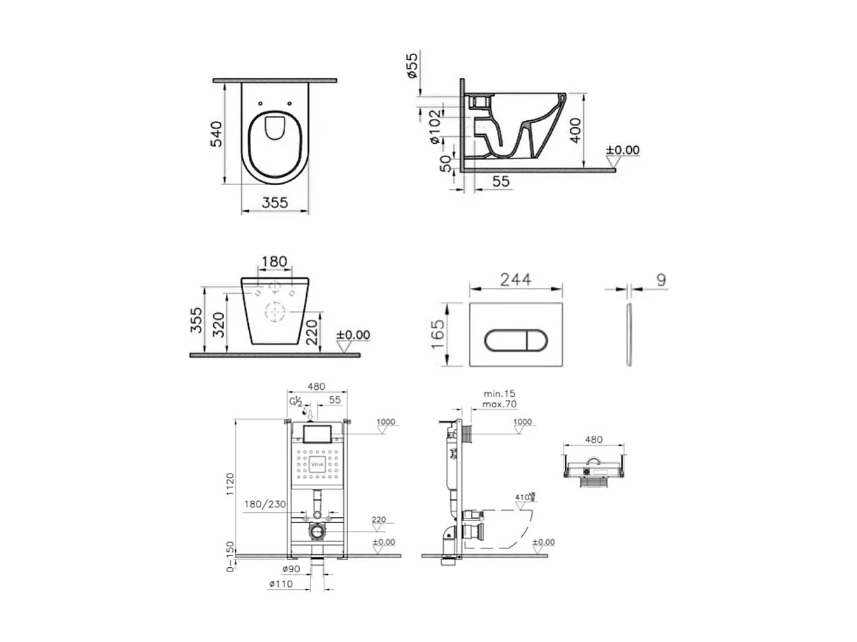 Pack WC suspendu VITRA Integra blanc + bâti mur porteur V-Fix Core + Plaque Round Blanche