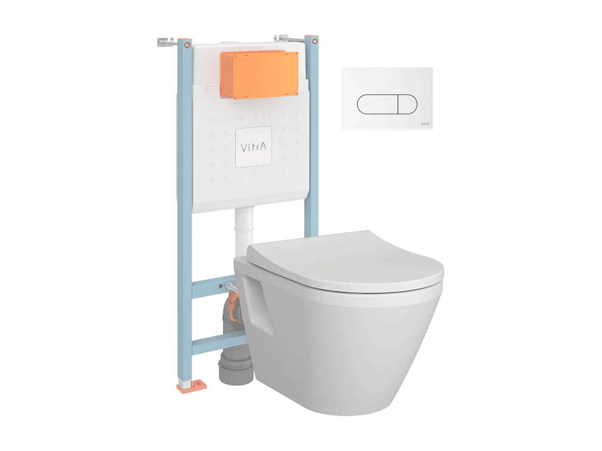 Pack WC suspendu VITRA Integra blanc + bâti mur porteur V-Fix Core + Plaque Round Blanche