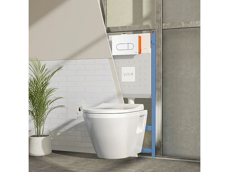 Pack WC suspendu VITRA Integra blanc + bâti mur porteur V-Fix Core + Plaque Round Blanche