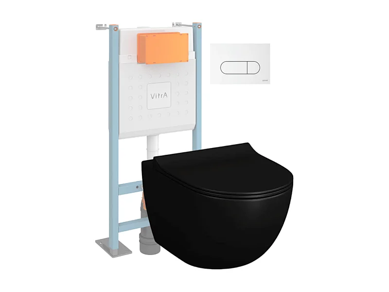 Pack WC suspendu VITRA Sento noir + bâti autoportant V-Fix Core + Plaque Round Blanche