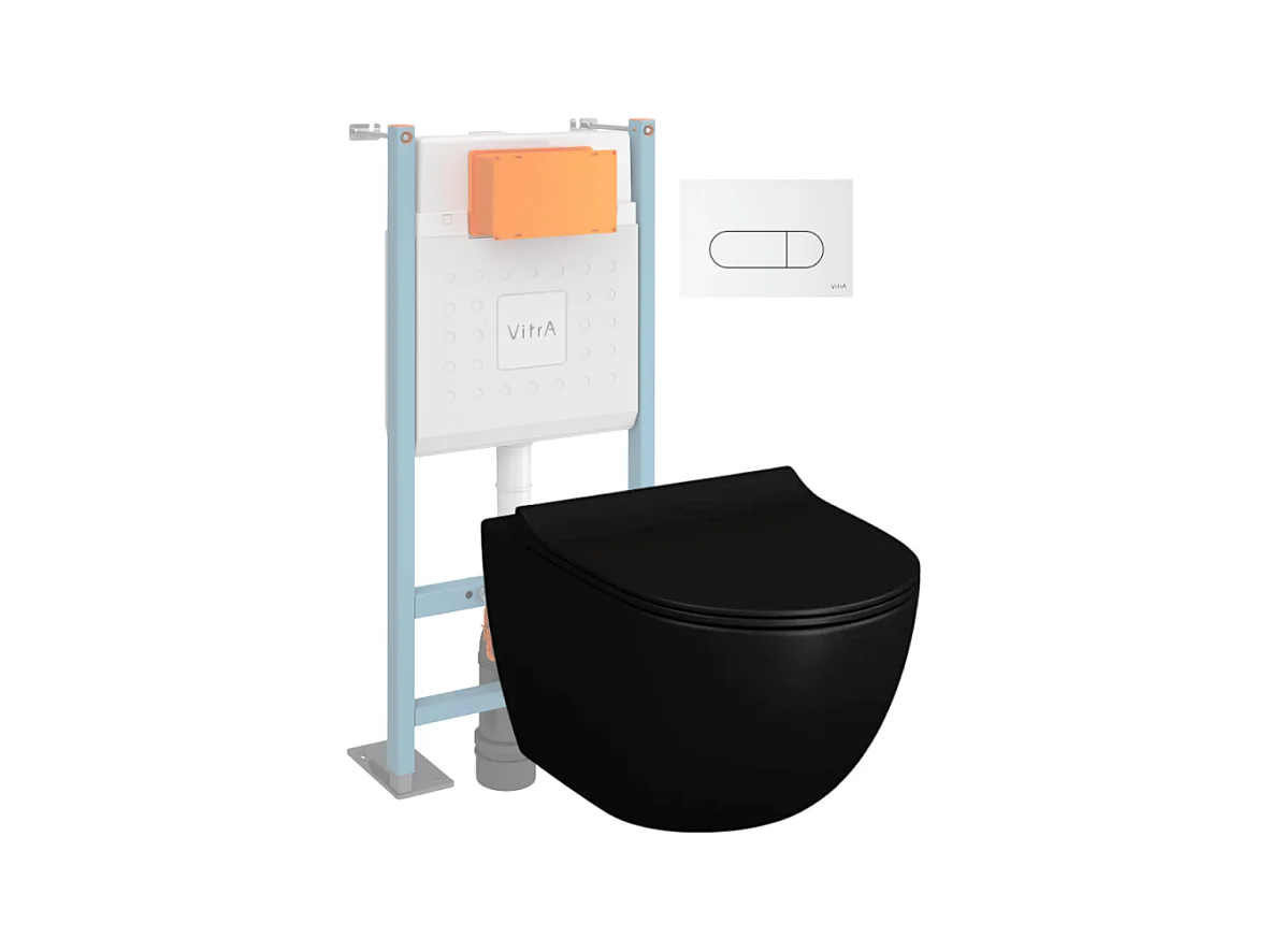 Pack WC suspendu VITRA Sento noir + bâti autoportant V-Fix Core + Plaque Round Blanche