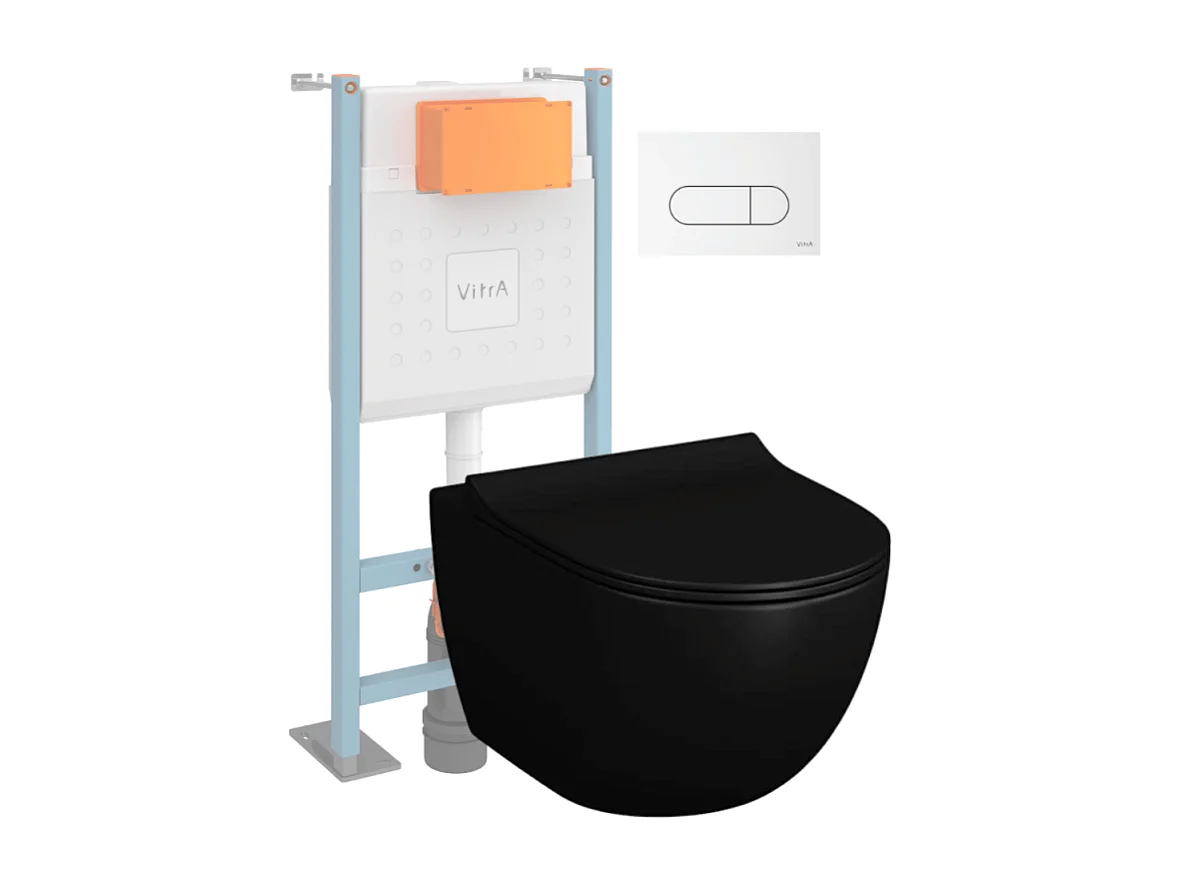 Pack WC suspendu VITRA Sento noir + bâti autoportant V-Fix Core + Plaque Round Blanche