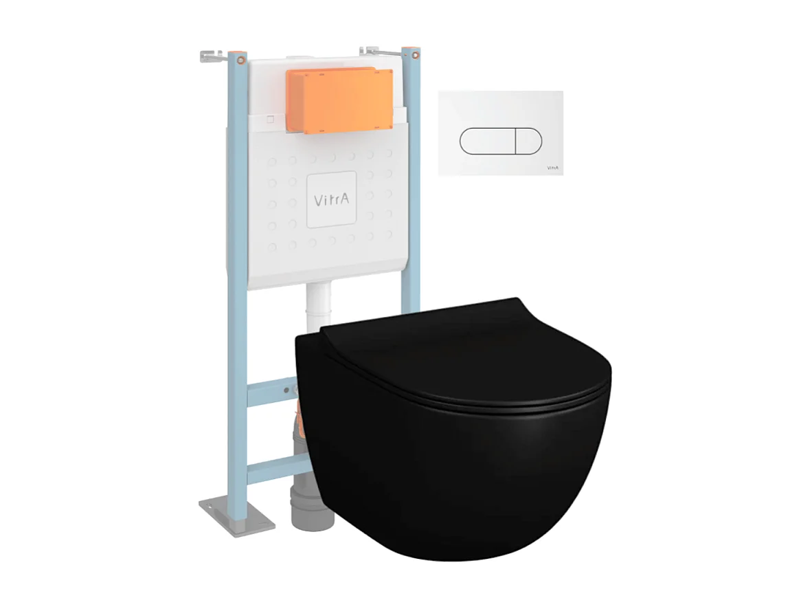 Pack WC suspendu VITRA Sento noir + bâti autoportant V-Fix Core + Plaque Round Blanche