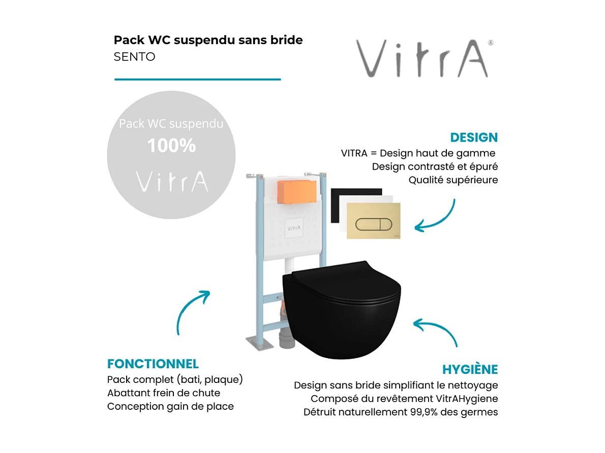 Pack WC suspendu VITRA Sento noir + bâti autoportant V-Fix Core + Plaque Round Blanche