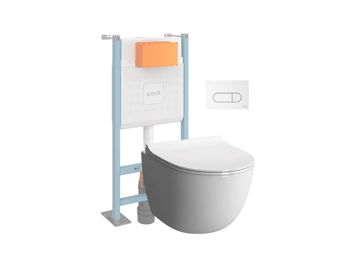 Pack WC suspendu VITRA Sento blanc + bâti autoportant V-Fix Core + Plaque Round Blanche