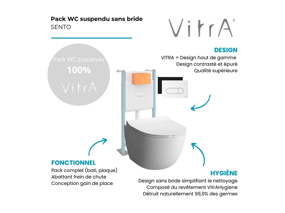 Pack WC suspendu VITRA Sento blanc + bâti autoportant V-Fix Core + Plaque Round Blanche