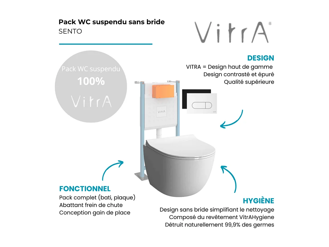 Pack WC suspendu VITRA Sento blanc + bâti autoportant V-Fix Core + Plaque Round Blanche