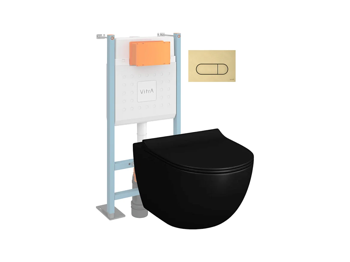 Pack WC suspendu Vitra Sento noir + bâti autoportant V-Fix Core + Plaque Round Or brossée