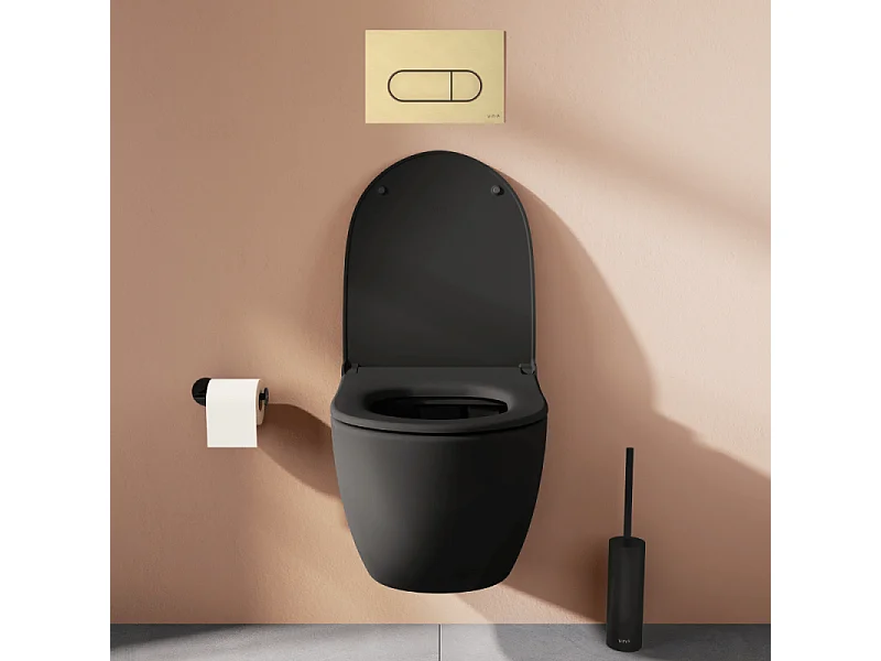 Pack WC suspendu Vitra Sento noir + bâti autoportant V-Fix Core + Plaque Round Or brossée