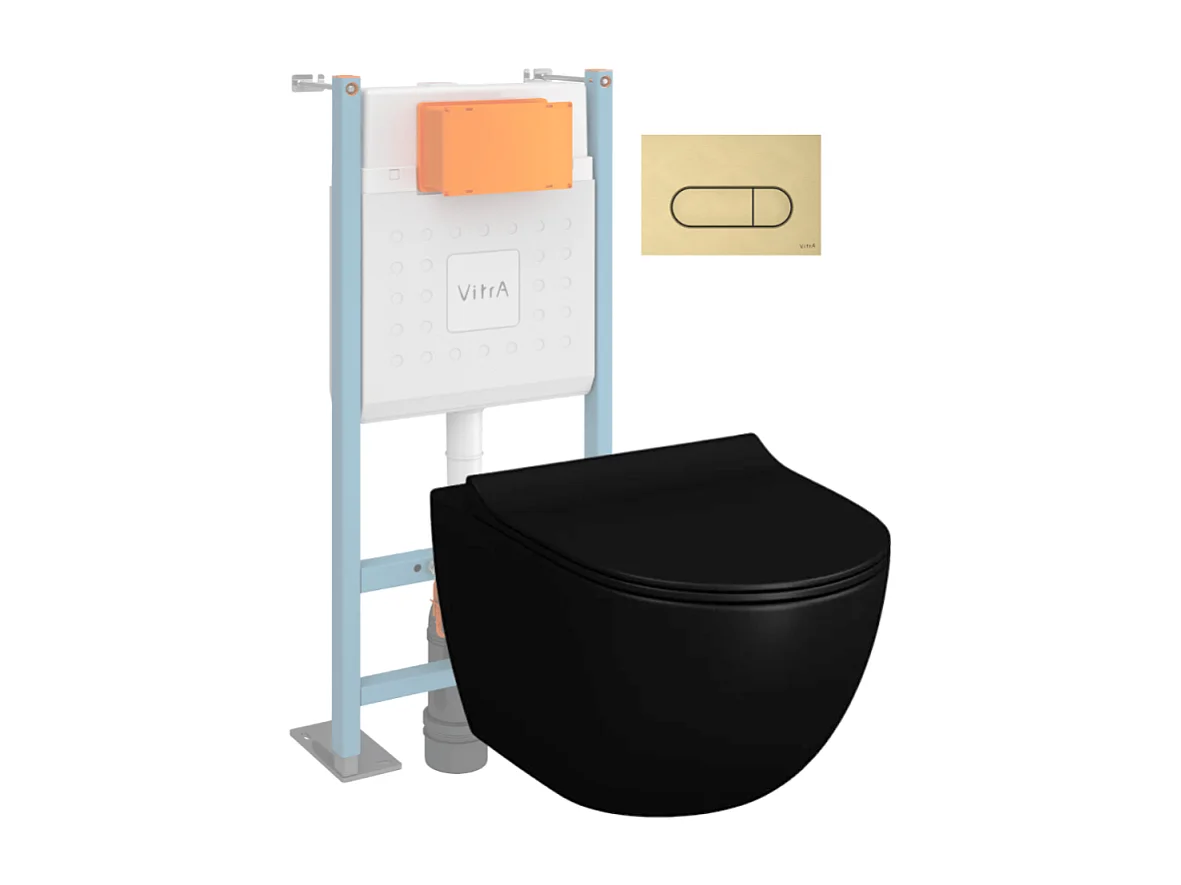 Pack WC suspendu Vitra Sento noir + bâti autoportant V-Fix Core + Plaque Round Or brossée