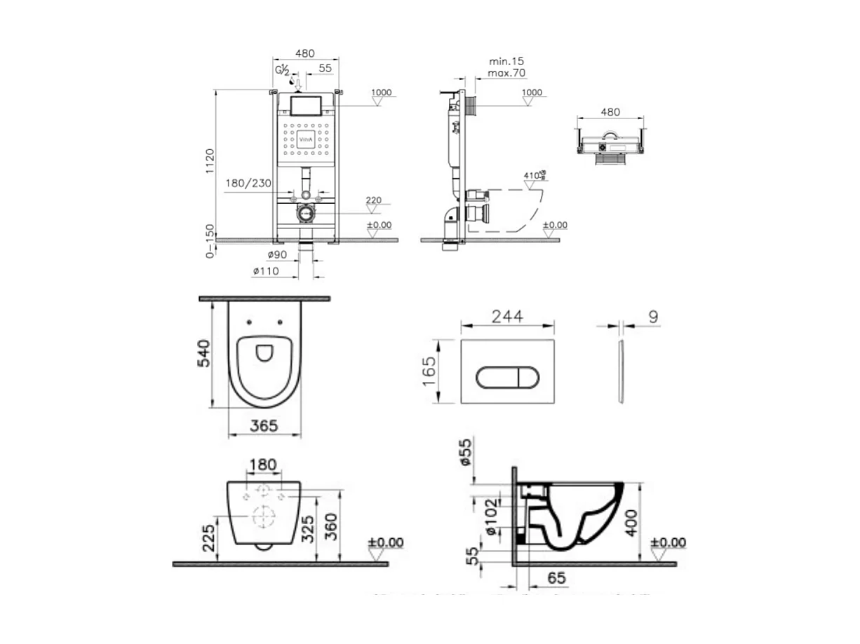 Pack WC suspendu VitrA Sento noir + bâti autoportant V-Fix Core + Plaque Round Or brossée