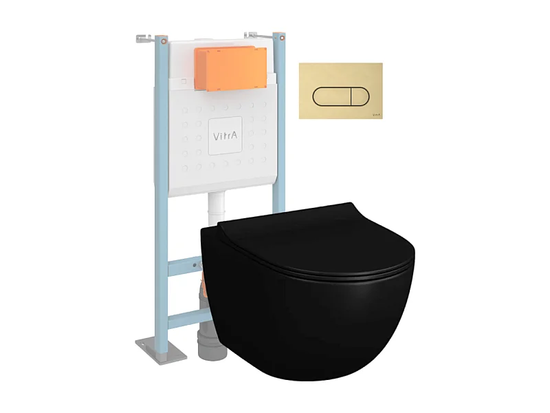 Pack WC suspendu Vitra Sento noir + bâti autoportant V-Fix Core + Plaque Round Or brossée