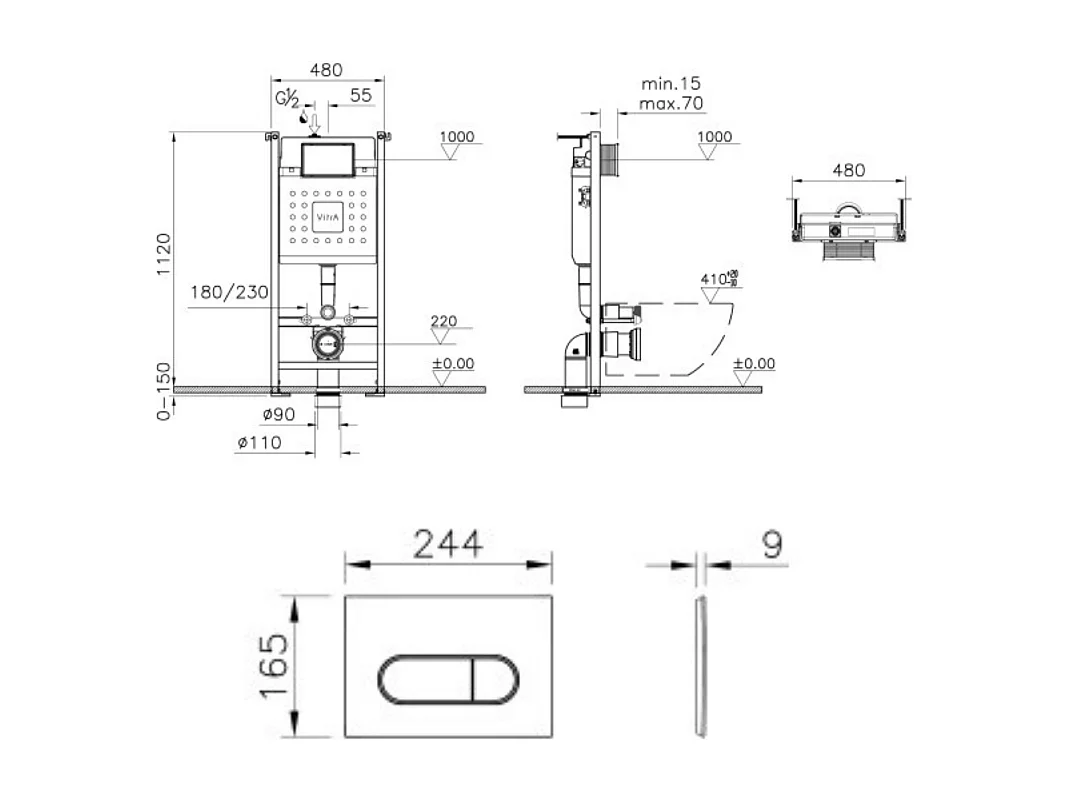 Bâti support VITRA V-Fix Core mur porteur + Plaque Root Round Blanche