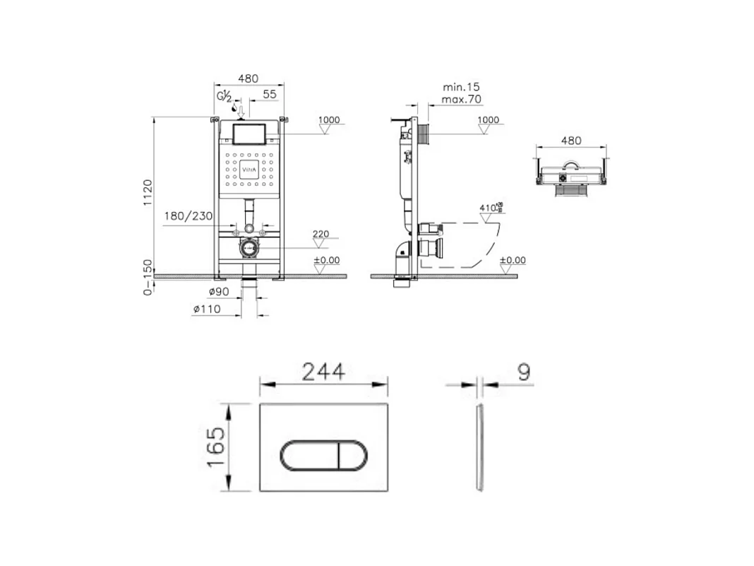 Bâti-support VITRA V-Fix Core auto-portant + Plaque Root Round Or brossée