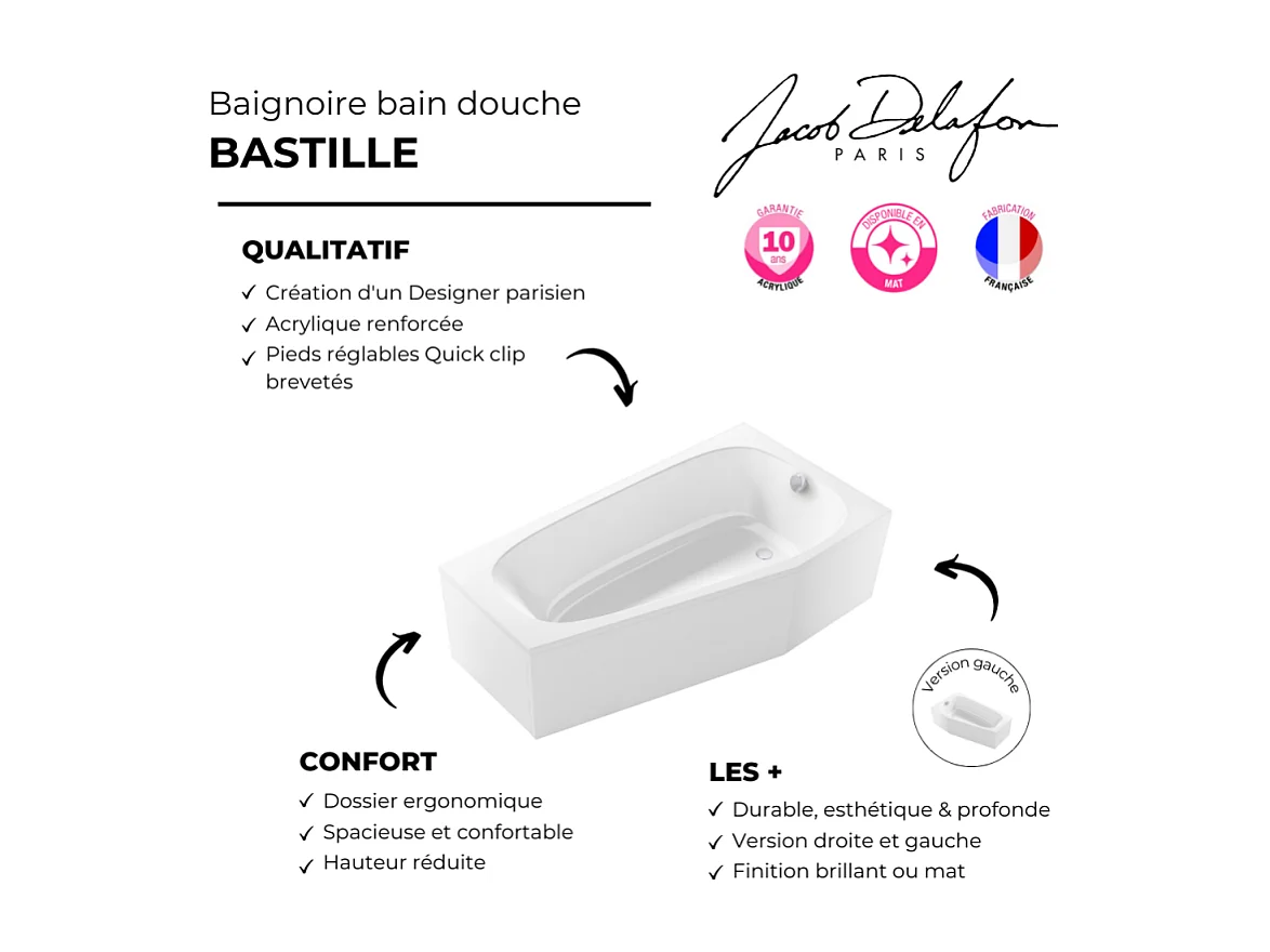 Pack baignoire bain douche 170 x 90 JACOB DELAFON Bastille vidage à droite blanc mat + tablier en niche + pare-bain chromé