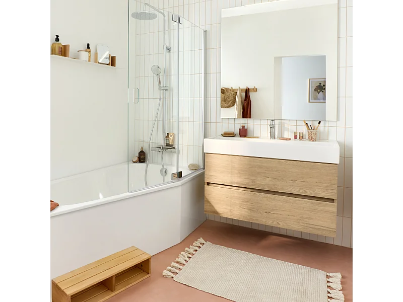 Pack baignoire bain douche 170 x 90 JACOB DELAFON Bastille vidage à droite blanc brillant + tablier en niche + pare-bain chromé