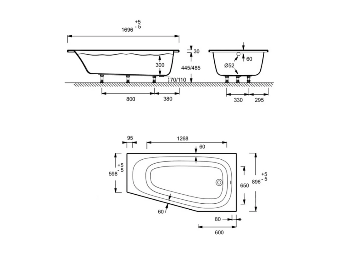 Pack baignoire bain douche 170 x 90 JACOB DELAFON Bastille vidage à droite blanc mat + tablier en angle