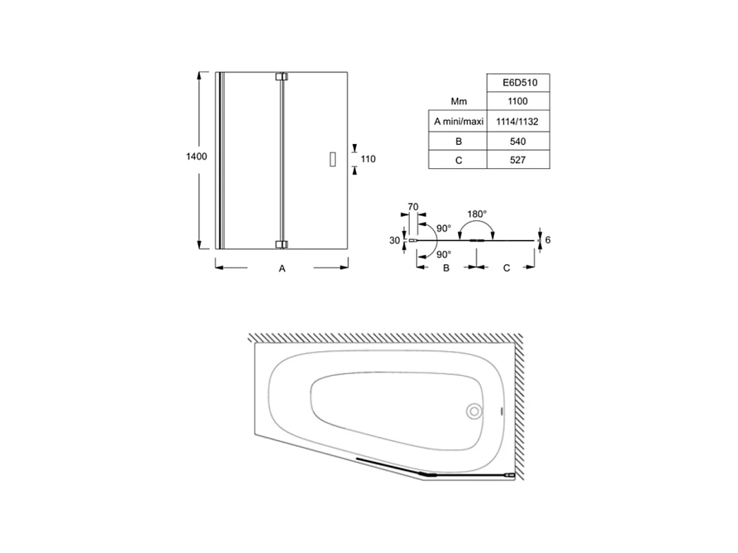 Pack baignoire bain douche 170 x 90 JACOB DELAFON Bastille vidage à droite blanc brillant + tablier en angle + pare-bain noir