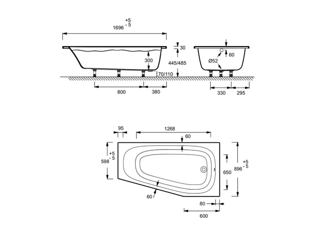 Pack baignoire bain douche 170 x 90 JACOB DELAFON Bastille vidage à droite blanc brillant + tablier en angle + pare-bain noir