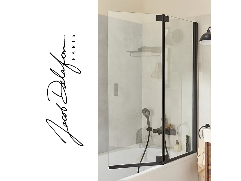 Pack baignoire bain douche 170 x 90 JACOB DELAFON Bastille vidage à gauche blanc mat + tablier en angle + pare-bain noir