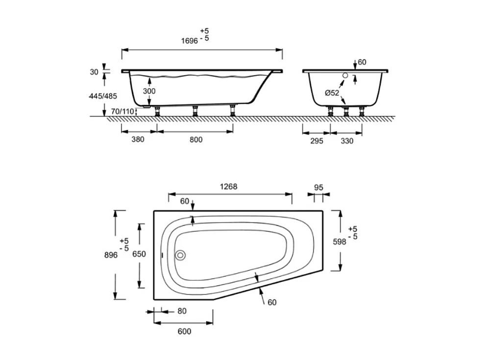 Pack baignoire bain douche 170 x 90 JACOB DELAFON Bastille vidage à gauche blanc mat + tablier en niche + pare-bain chromé