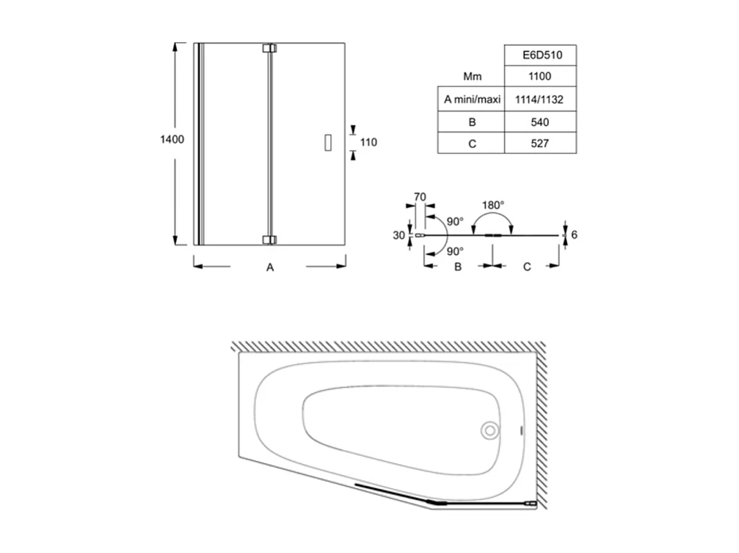 Pack baignoire bain douche 170 x 90 JACOB DELAFON Bastille vidage à droite blanc brillant + tablier en angle + pare-bain chromé