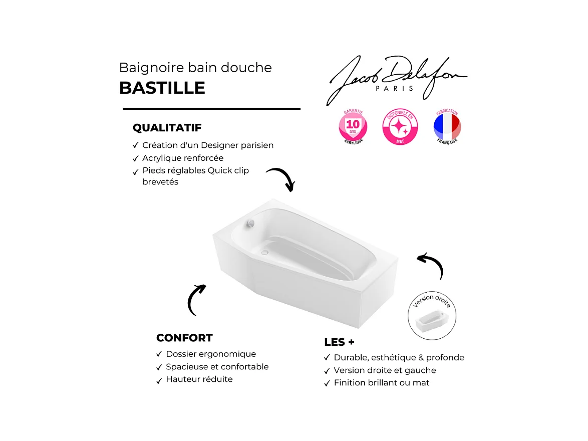 Pack baignoire bain douche 170 x 90 JACOB DELAFON Bastille vidage à gauche blanc brillant + tablier en angle + pare-bain noir