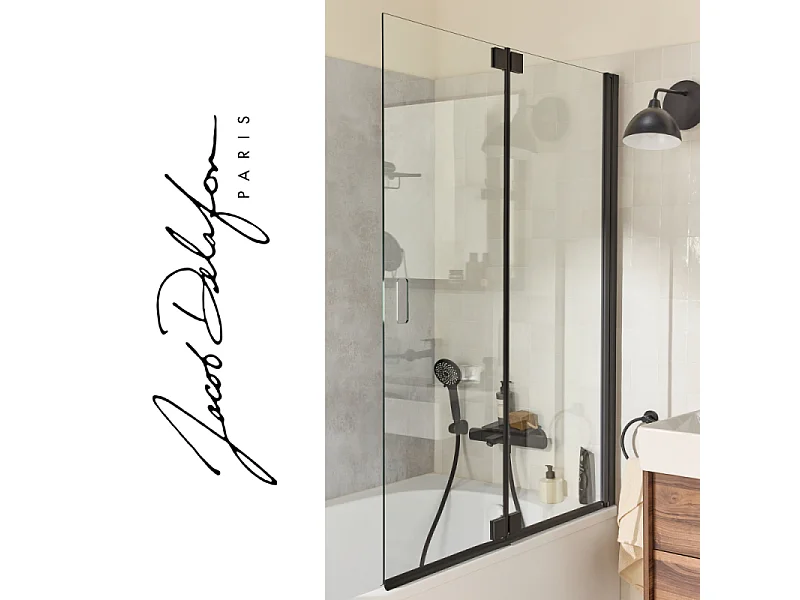 Pack baignoire bain douche 170 x 90 JACOB DELAFON Bastille vidage à gauche blanc brillant + tablier en niche + pare-bain noir