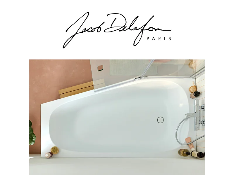 Pack baignoire bain douche 170 x 90 JACOB DELAFON Bastille vidage à gauche blanc brillant + tablier en niche + pare-bain noir