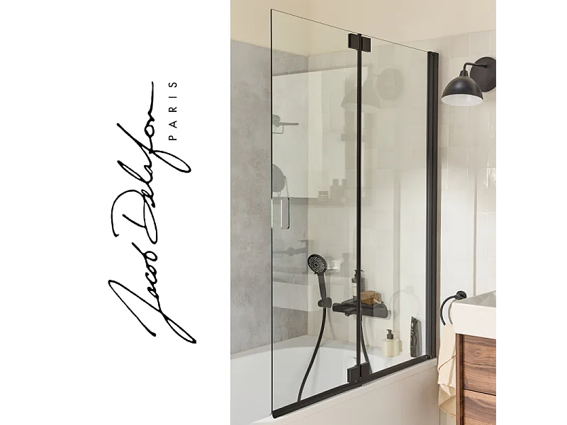 Pack baignoire bain douche 170 x 90 JACOB DELAFON Bastille vidage à gauche blanc brillant + tablier en niche + pare-bain noir