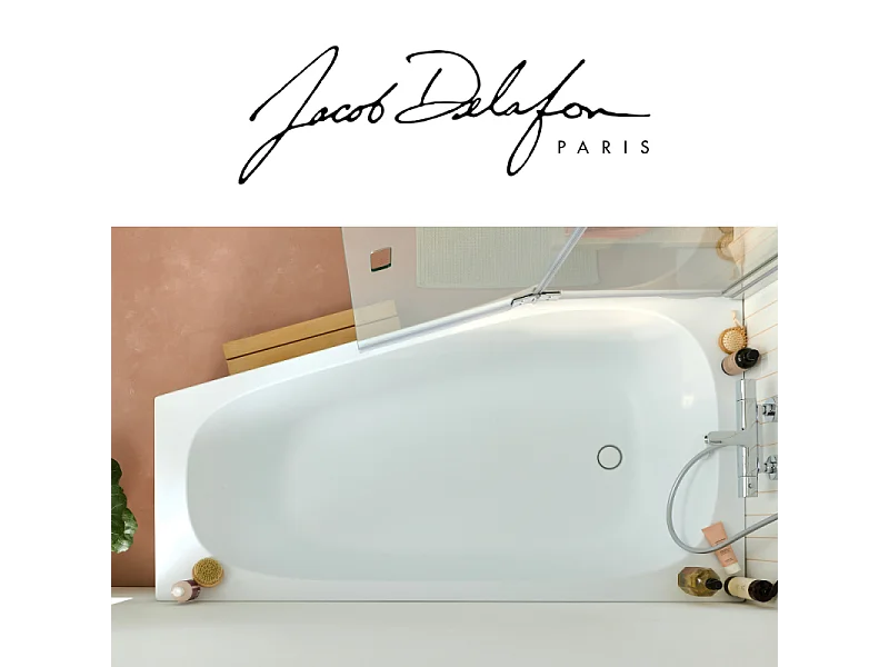 Pack baignoire bain douche 170 x 90 JACOB DELAFON Bastille vidage à gauche blanc brillant + tablier en niche + pare-bain noir