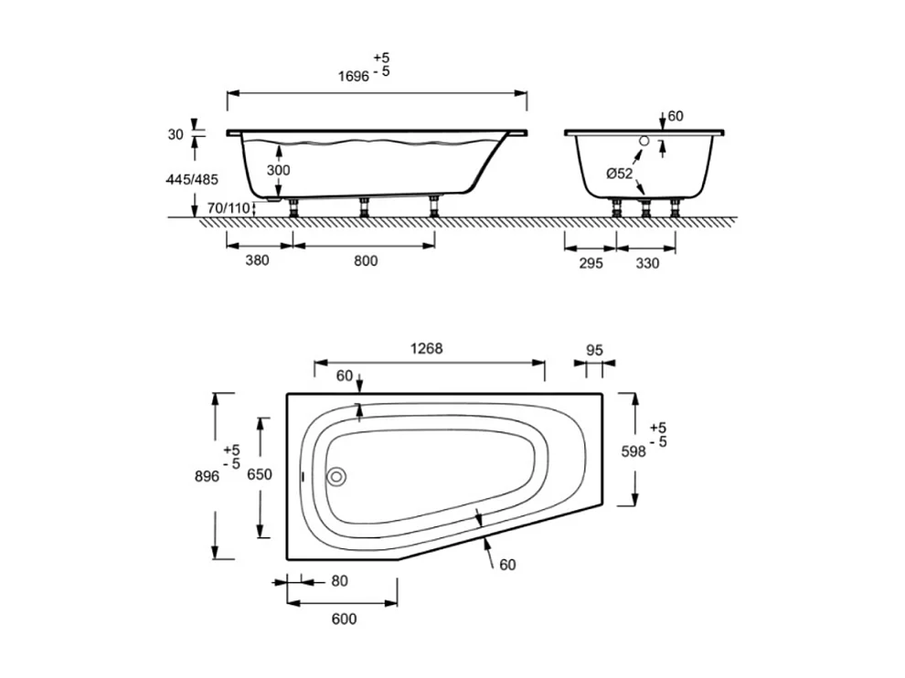 Pack baignoire bain douche 170 x 90 JACOB DELAFON Bastille vidage à gauche blanc brillant + tablier en niche + pare-bain noir