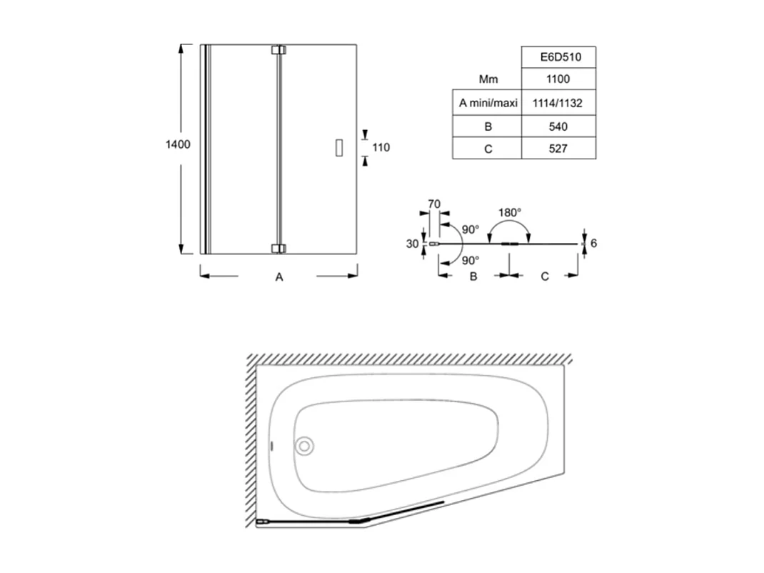 Pack baignoire bain douche 170 x 90 JACOB DELAFON Bastille vidage à gauche blanc brillant + tablier en niche + pare-bain chromé
