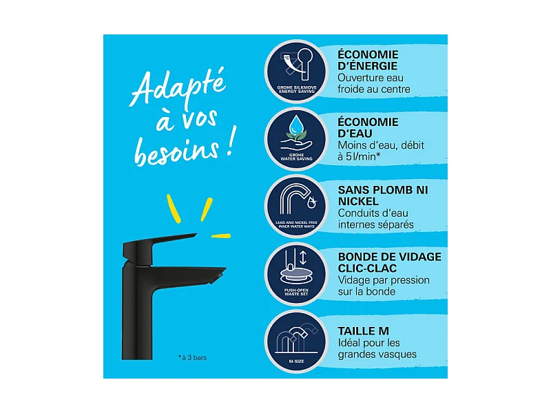 Vasque à poser GROHE Euro Ceramic 60cm + Mitigeur lavabo M GROHE Start avec ouverture froide Noir