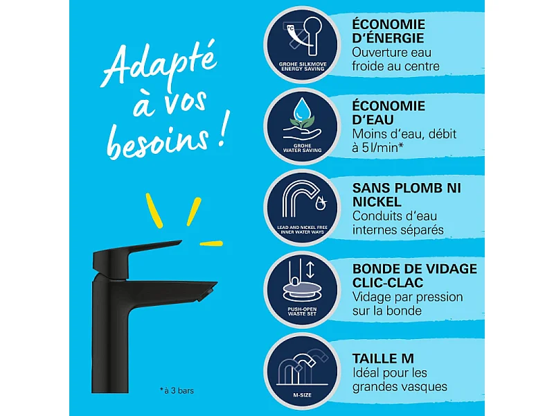 Vasque à poser GROHE Euro Ceramic 60cm + Mitigeur lavabo M GROHE Start avec ouverture froide Noir