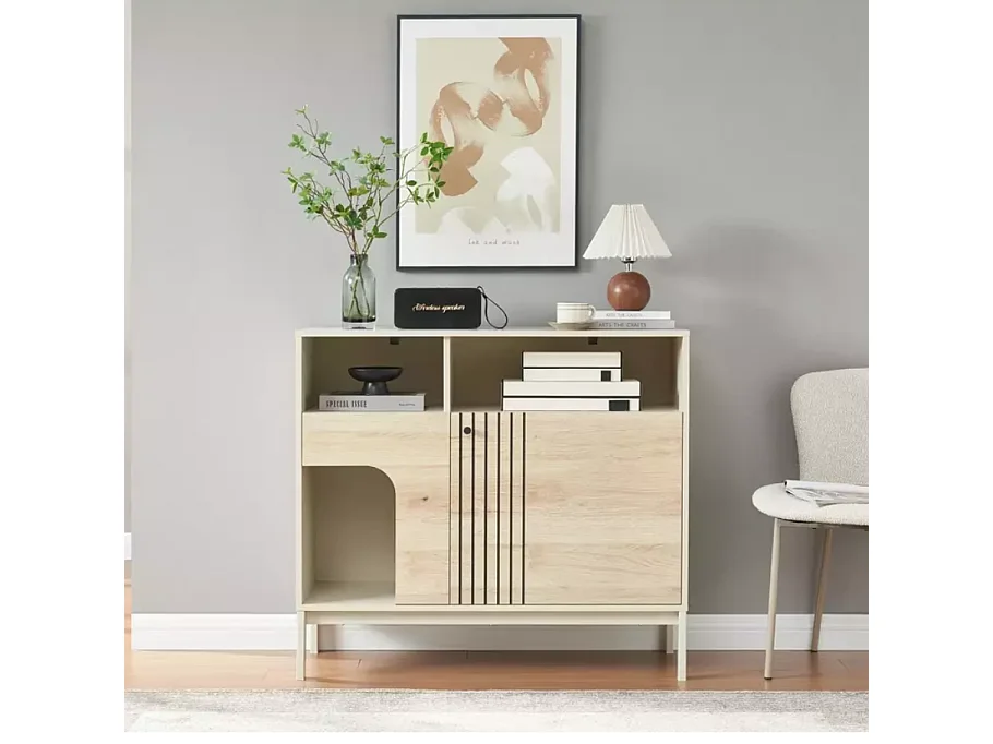 Buffet avec niche chat chêne alpin et blanc cassé – Collection FARGOL4