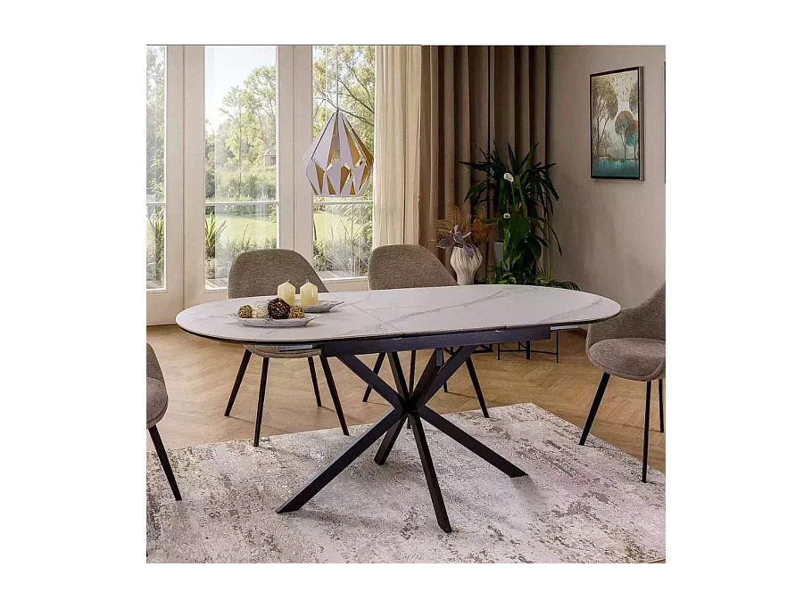Table extensible 140-180 cm céramique blanche 8 pers pied noir métal Larry