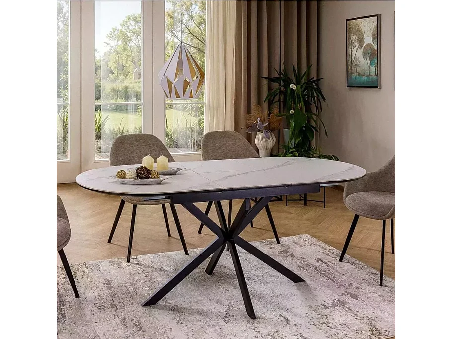 Table extensible 140-180 cm céramique blanche 8 pers pied noir métal Larry