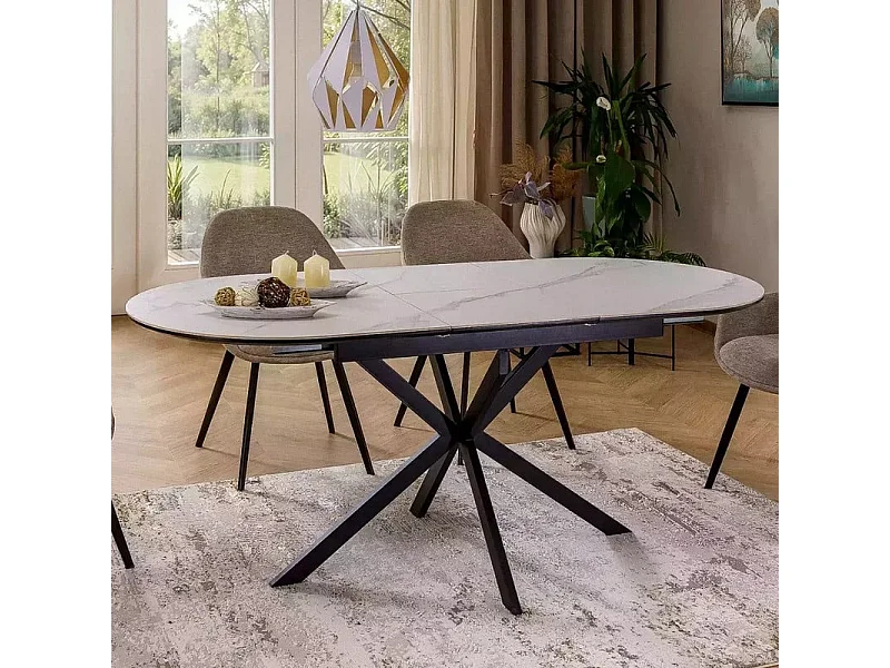 Table extensible 140-180 cm céramique blanche 8 pers pied noir métal Larry