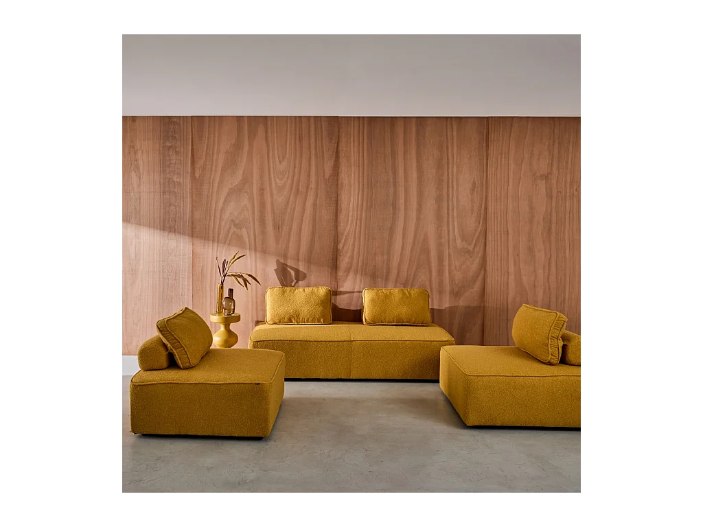 Sofá modular en tejido borreguito, 4 plazas mostaza