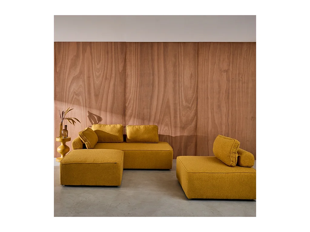 Sofá modular en tejido borreguito, 4 plazas mostaza