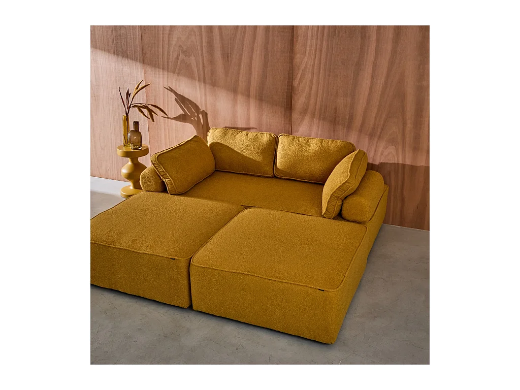 Sofá modular en tejido borreguito, 4 plazas mostaza