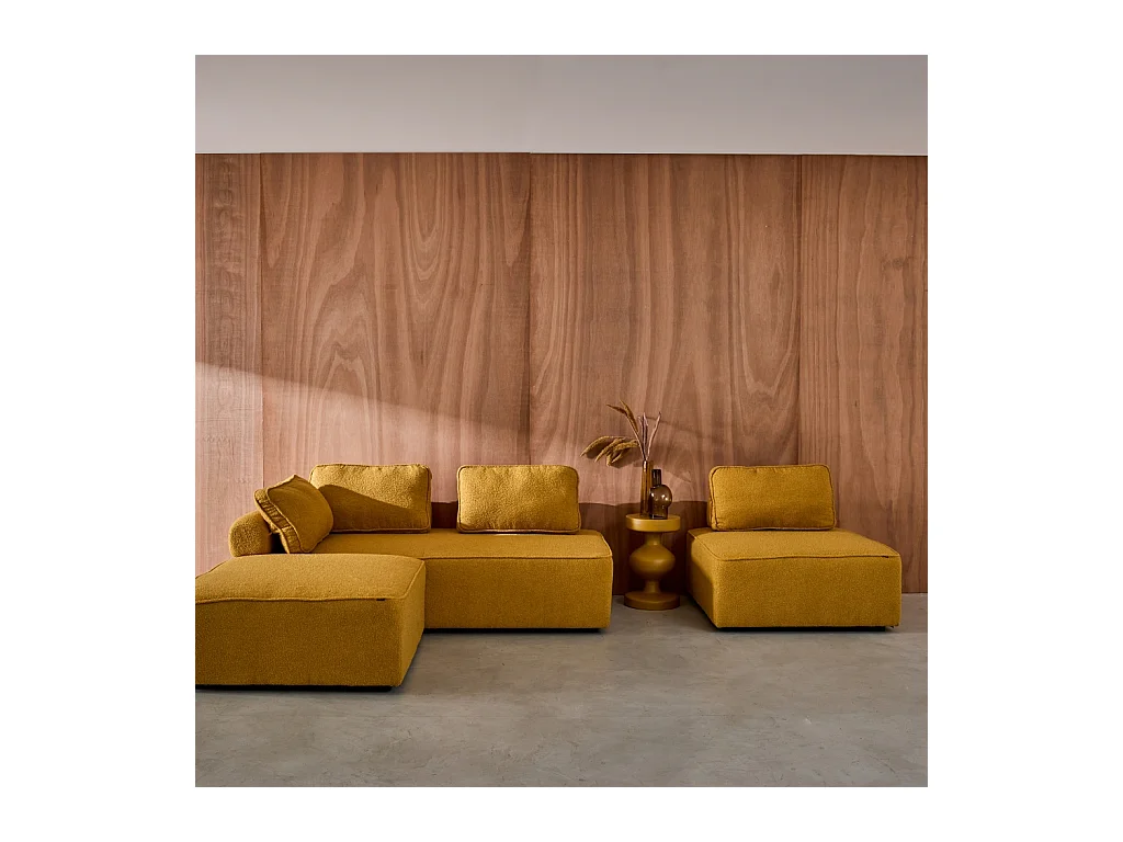 Sofá modular en tejido borreguito, 4 plazas mostaza