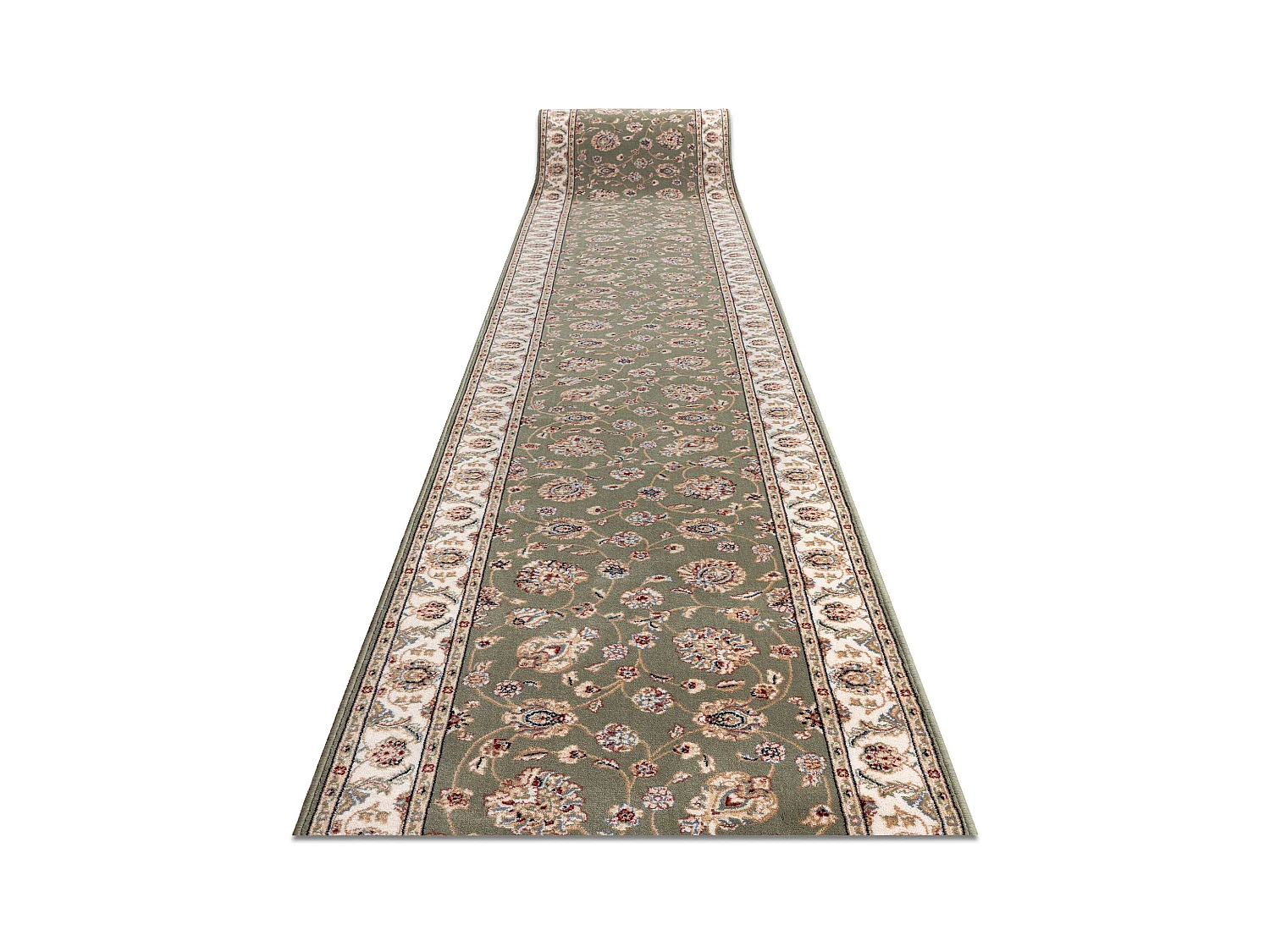 Wollen vloerbekleding NAIN Bloemen 7338 51088 groen / beige 100x800 cm