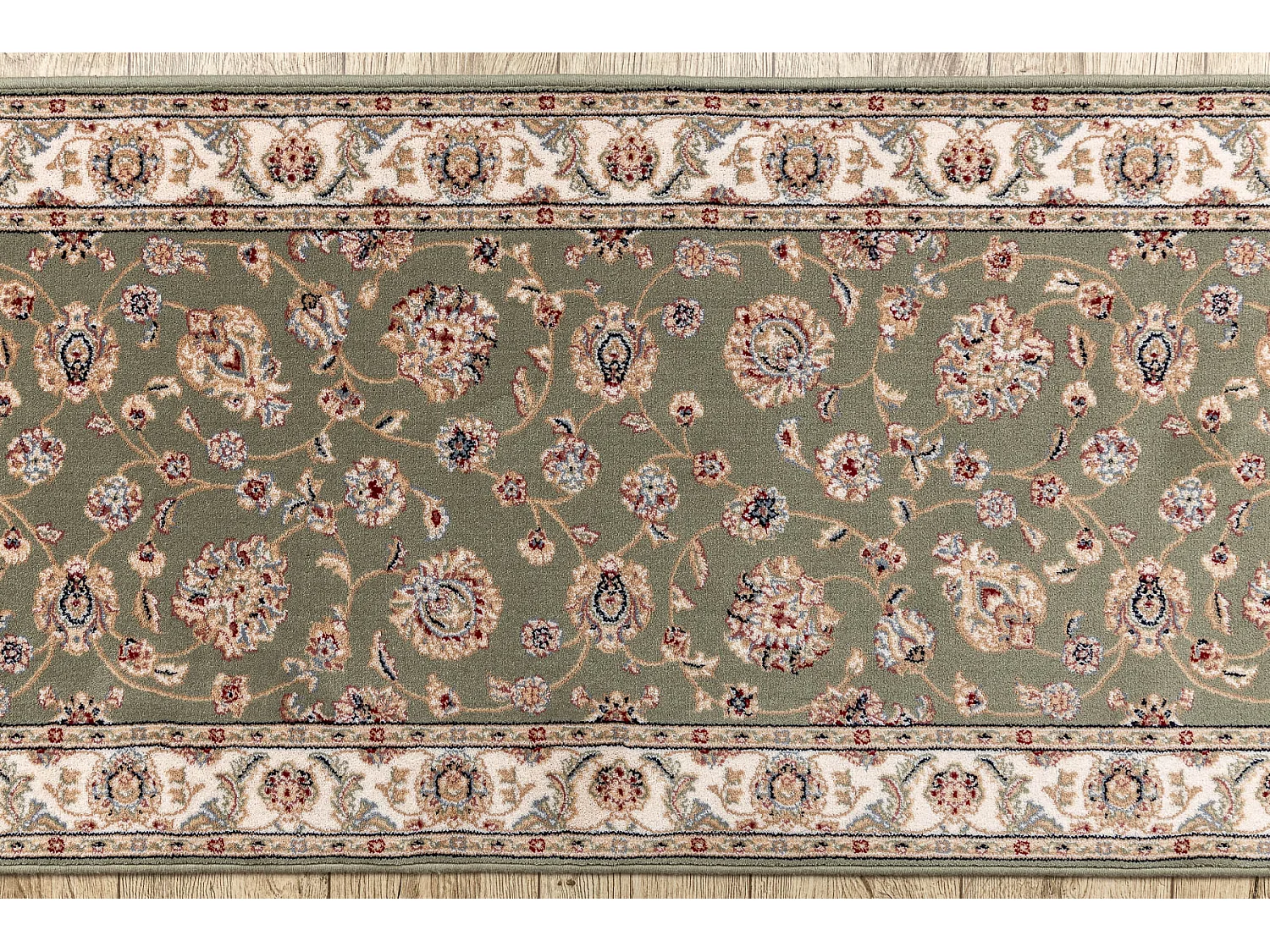 Wollen vloerbekleding NAIN Bloemen 7338 51088 groen / beige 80x900 cm