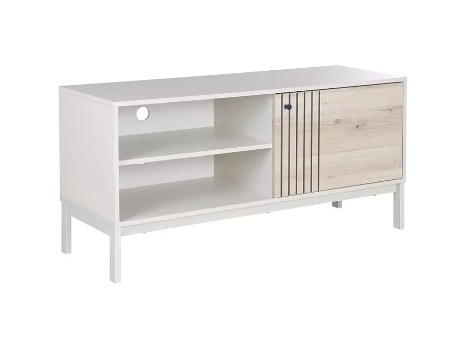 Petit meuble TV FARGOLE 120 cm métal blanc cassé et placage chêne alpin