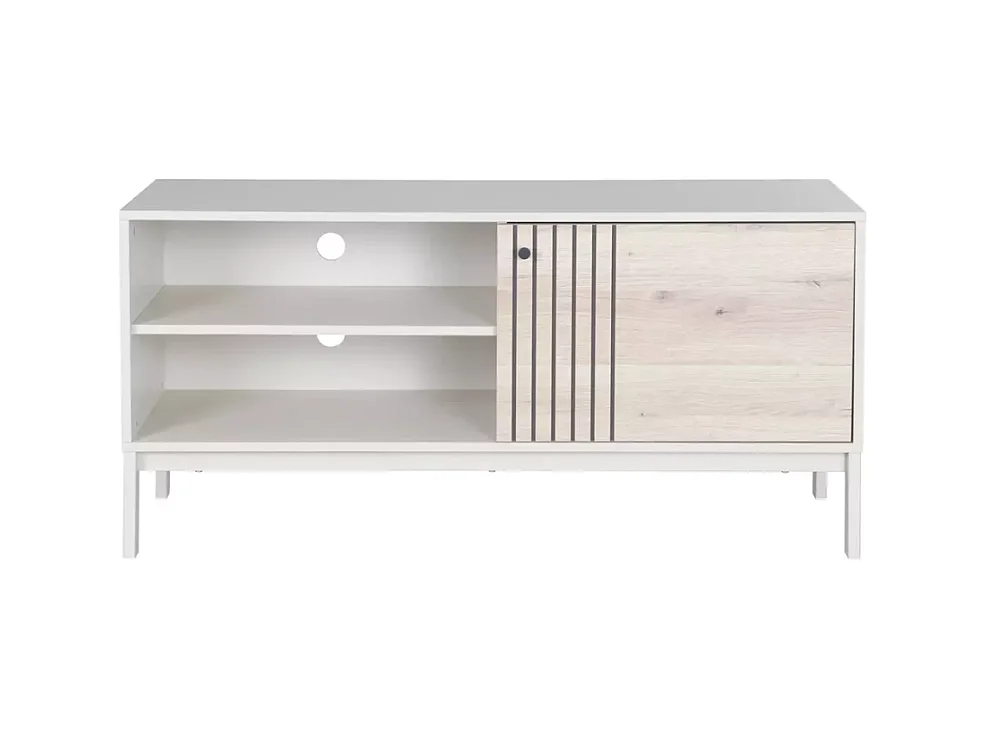 Petit meuble TV FARGOLE 120 cm métal blanc cassé et placage chêne alpin