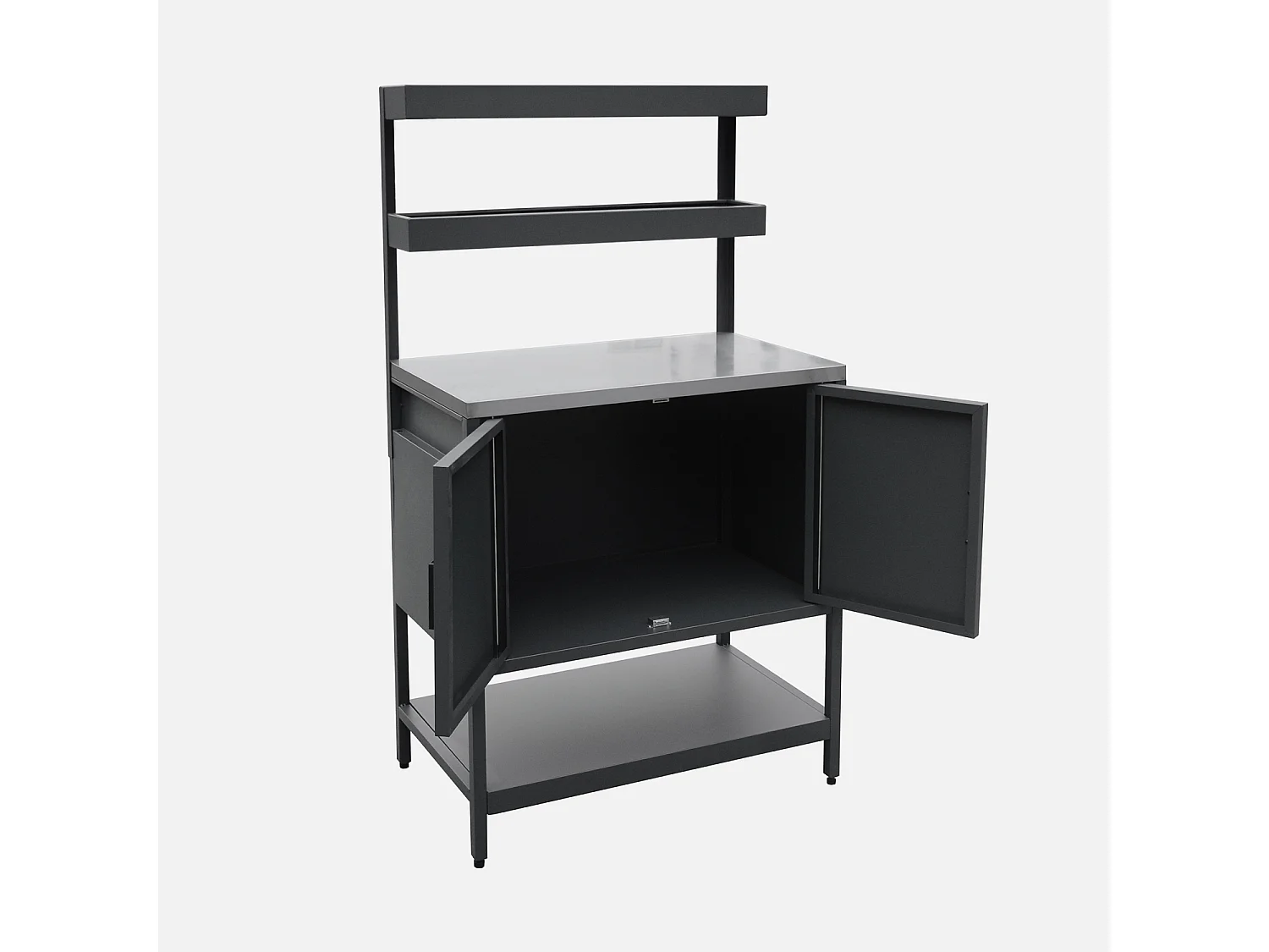 Cocina exterior de acero con 2 estanterías colgantes y 2 puertas