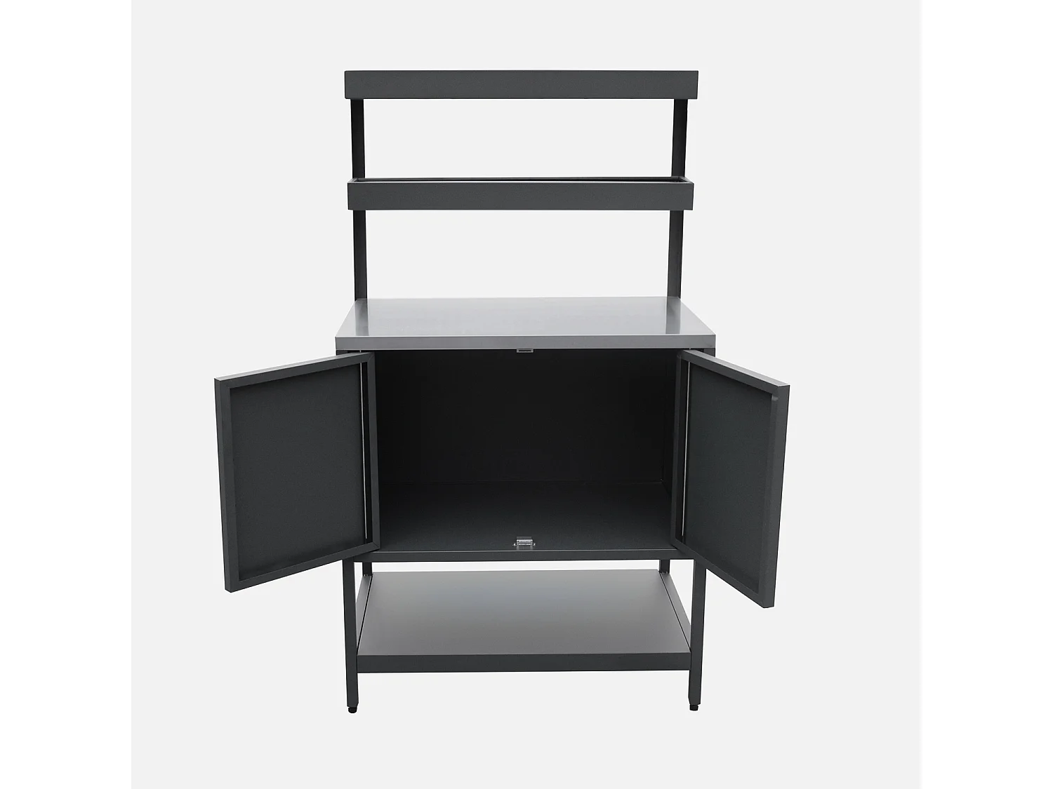 Cocina exterior de acero con 2 estanterías colgantes y 2 puertas