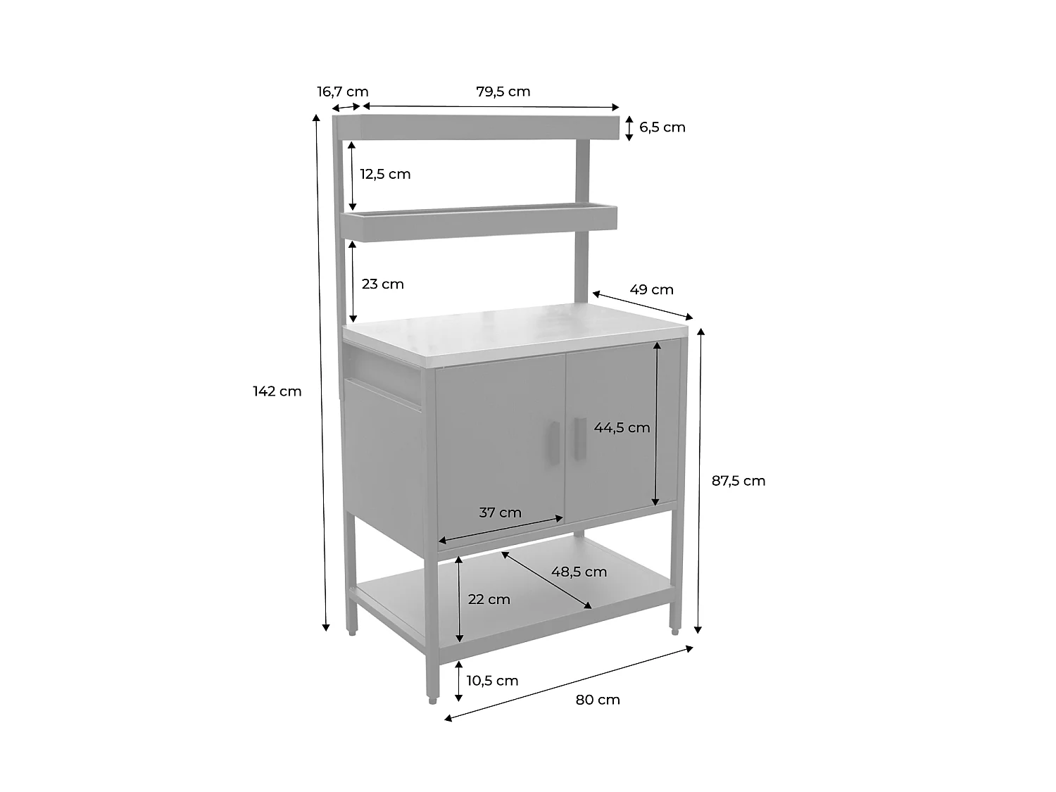 Cuisine d'extérieur en acier noir avec 2 étagères suspendues et 2 portes L80cm